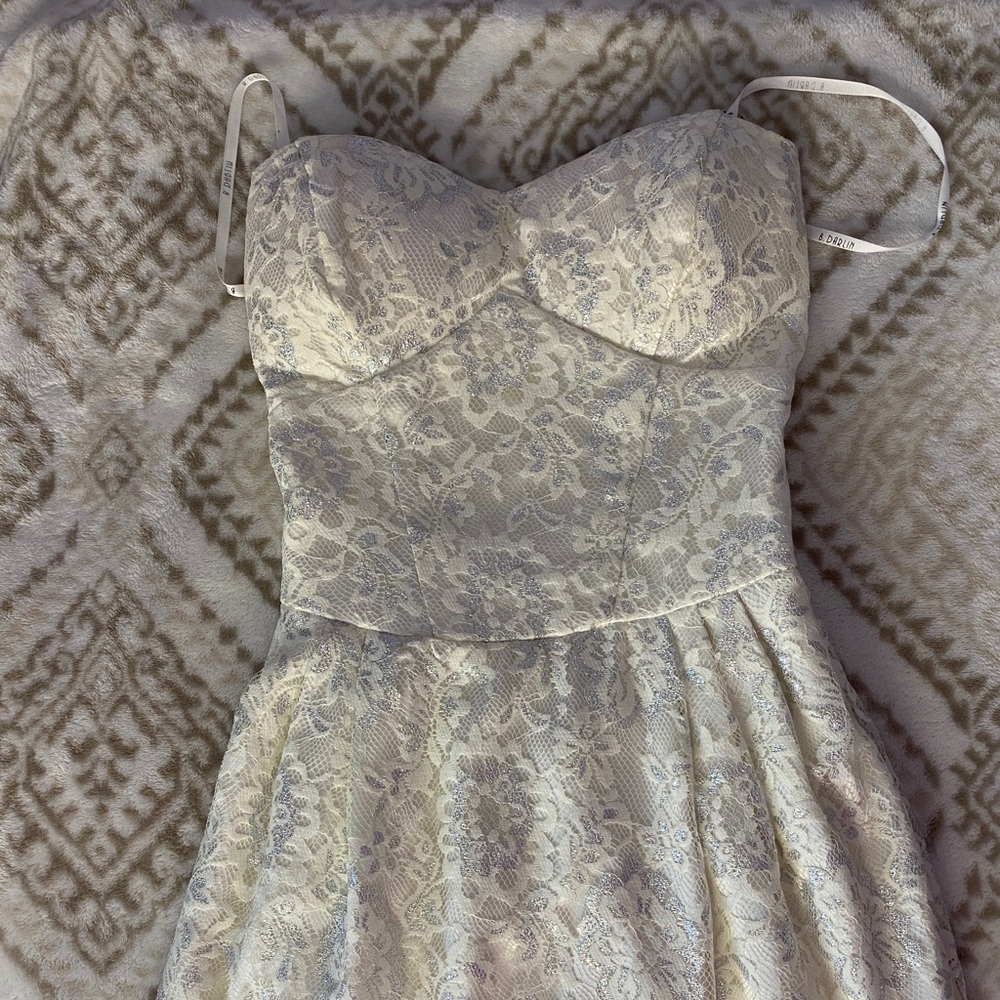 Strapless silver/white mini cocktail dress